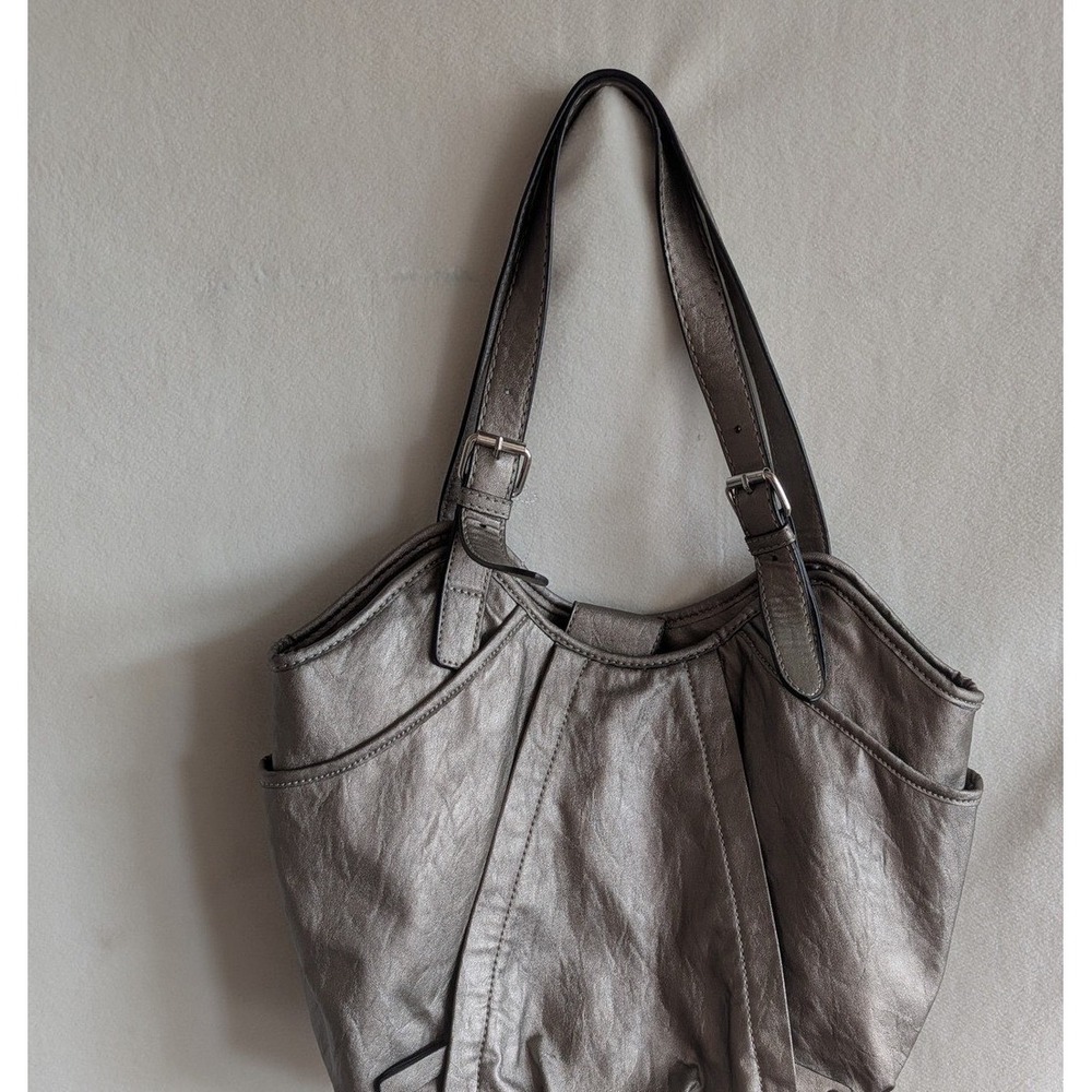 Nine & Co Metallic Silver Faux Leather Shoulder Bag Pleated Hobo Tote Pewter